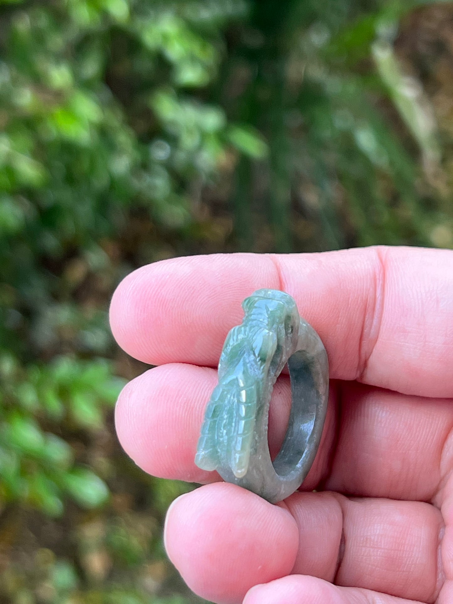 Natural Grade A Burmese Jadeite Jade Ring Size US 9.5 Icy Soft Green Semi Translucent Hand Carved Dragon Motif Smooth Band JDR012