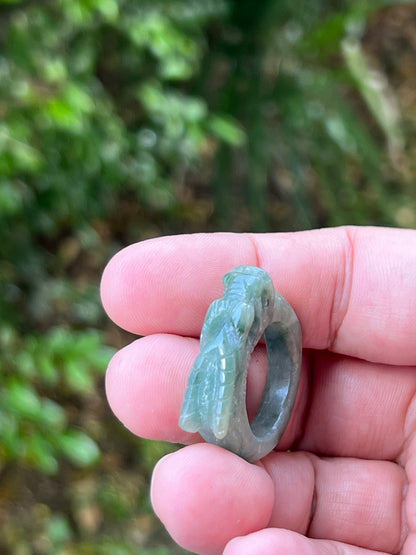 Natural Grade A Burmese Jadeite Jade Ring Size US 9.5 Icy Soft Green Semi Translucent Hand Carved Dragon Motif Smooth Band JDR012