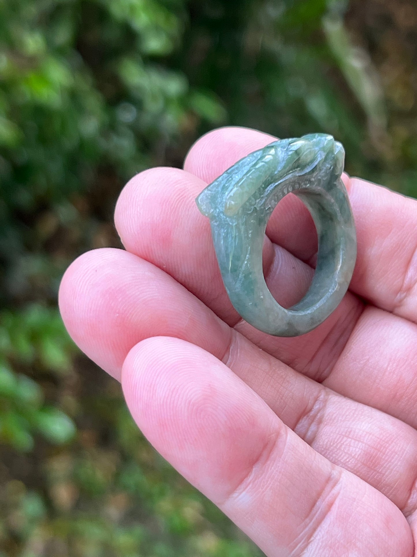 Natural Grade A Burmese Jadeite Jade Ring Size US 9.5 Icy Soft Green Semi Translucent Hand Carved Dragon Motif Smooth Band JDR012