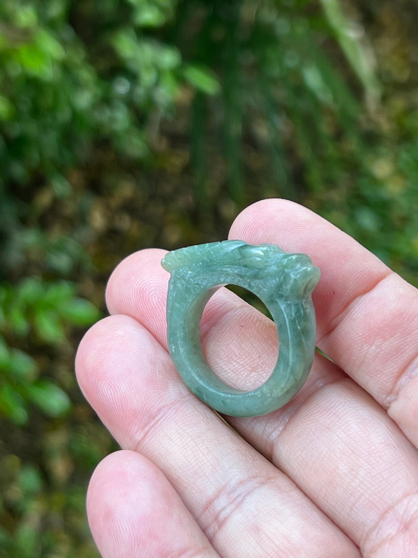 Natural Grade A Burmese Jadeite Jade Ring Size US 9.5 Icy Soft Green Semi Translucent Hand Carved Dragon Motif Smooth Band JDR012