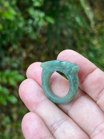 Natural Grade A Burmese Jadeite Jade Ring Size US 9.5 Icy Soft Green Semi Translucent Hand Carved Dragon Motif Smooth Band JDR012