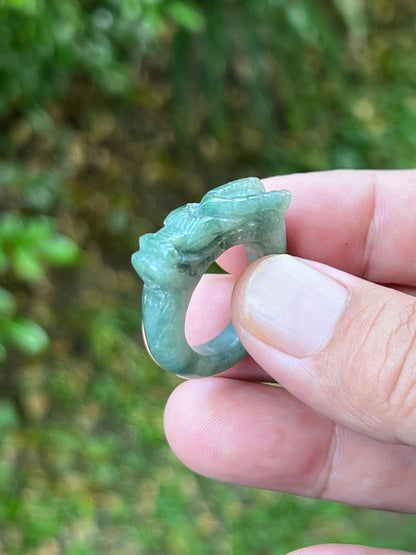 Natural Grade A Burmese Jadeite Jade Ring Size US 9.5 Icy Soft Green Semi Translucent Hand Carved Dragon Motif Smooth Band JDR012
