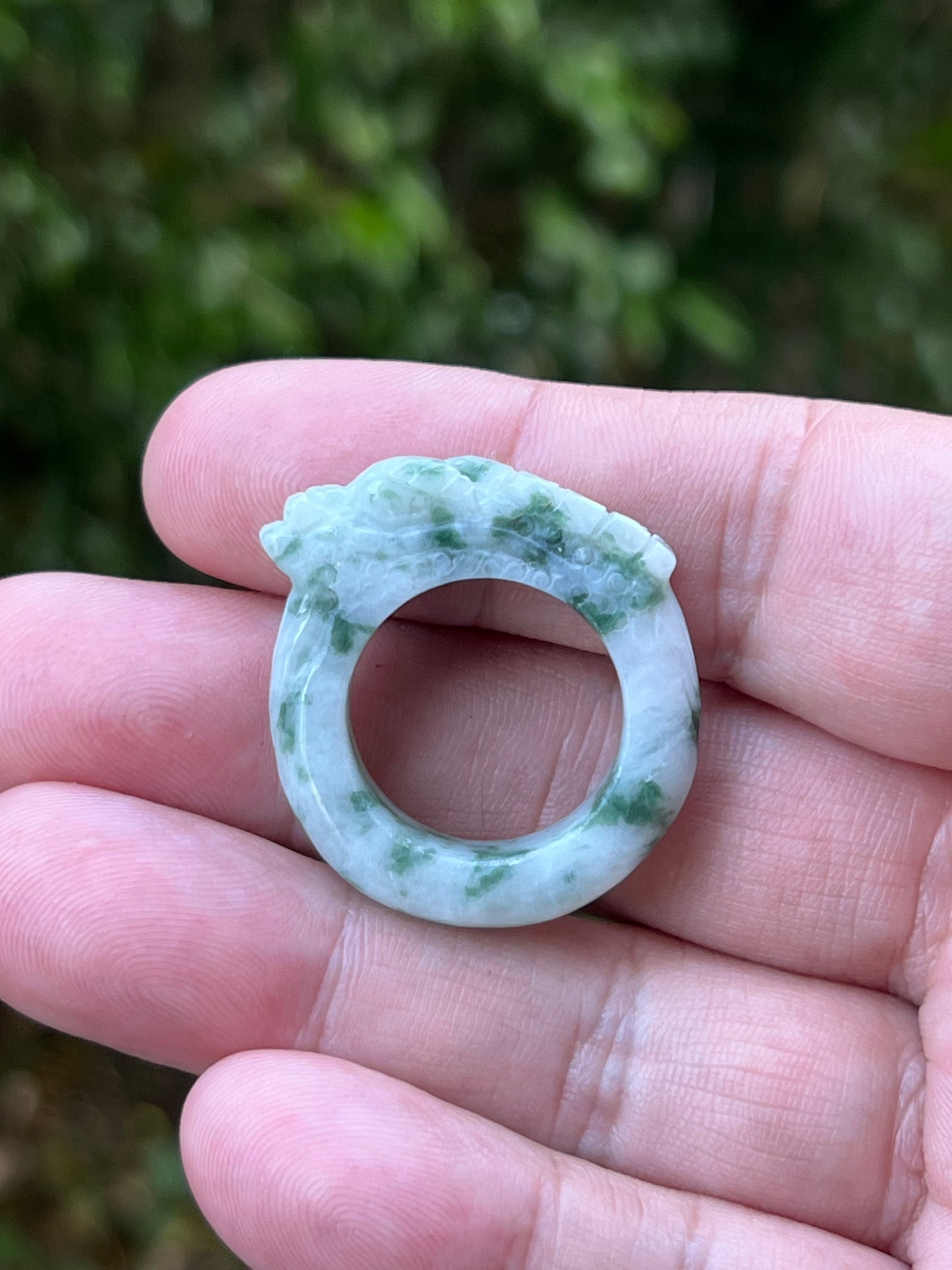 Natural Grade A Burmese Jadeite Jade Ring Size US 9.25 White Green Moss Snow Pattern Hand Carved Dragon Motif Smooth Band JDR013