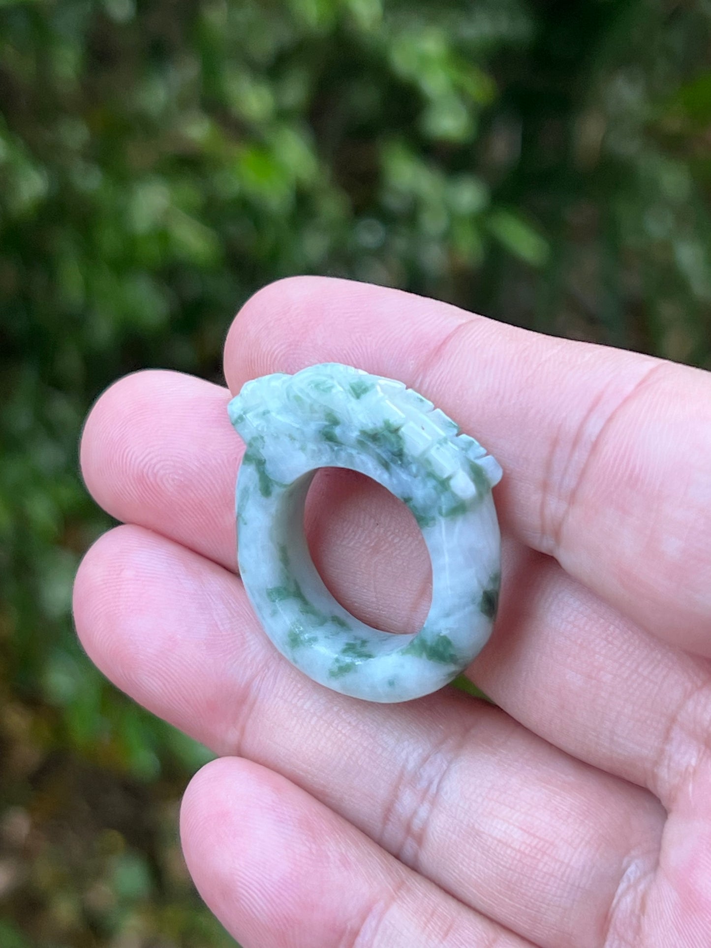 Natural Grade A Burmese Jadeite Jade Ring Size US 9.25 White Green Moss Snow Pattern Hand Carved Dragon Motif Smooth Band JDR013