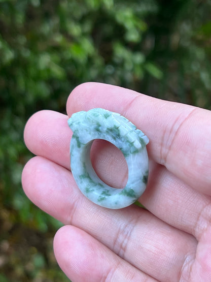 Natural Grade A Burmese Jadeite Jade Ring Size US 9.25 White Green Moss Snow Pattern Hand Carved Dragon Motif Smooth Band JDR013