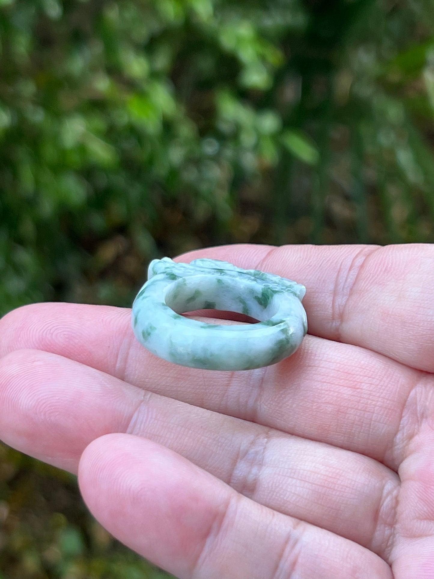 Natural Grade A Burmese Jadeite Jade Ring Size US 9.25 White Green Moss Snow Pattern Hand Carved Dragon Motif Smooth Band JDR013