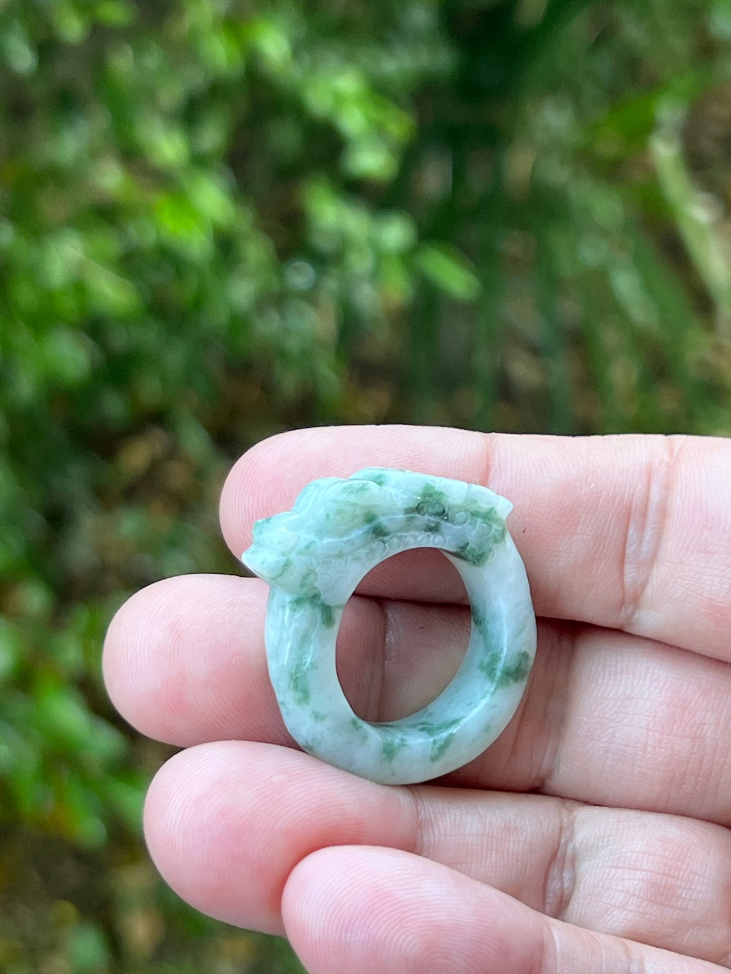 Natural Grade A Burmese Jadeite Jade Ring Size US 9.25 White Green Moss Snow Pattern Hand Carved Dragon Motif Smooth Band JDR013