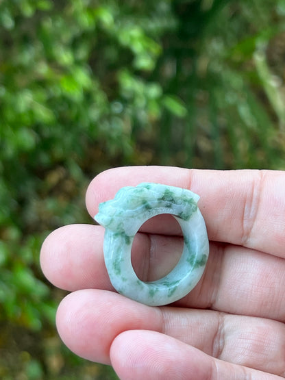 Natural Grade A Burmese Jadeite Jade Ring Size US 9.25 White Green Moss Snow Pattern Hand Carved Dragon Motif Smooth Band JDR013