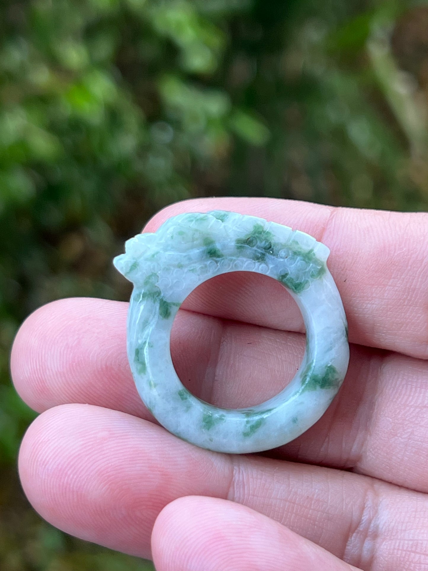 Natural Grade A Burmese Jadeite Jade Ring Size US 9.25 White Green Moss Snow Pattern Hand Carved Dragon Motif Smooth Band JDR013