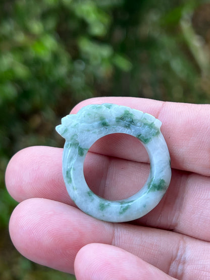 Natural Grade A Burmese Jadeite Jade Ring Size US 9.25 White Green Moss Snow Pattern Hand Carved Dragon Motif Smooth Band JDR013