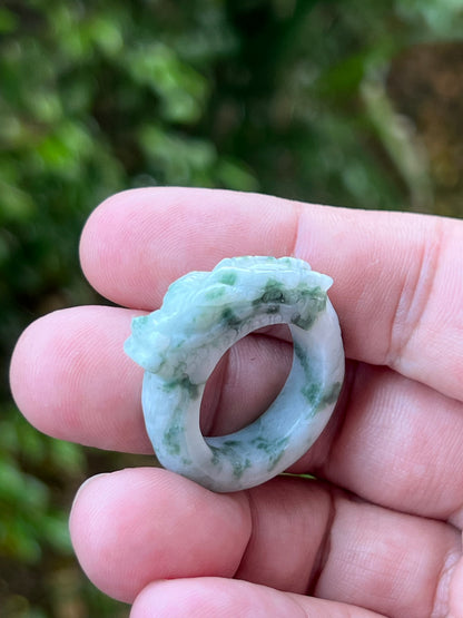 Natural Grade A Burmese Jadeite Jade Ring Size US 9.25 White Green Moss Snow Pattern Hand Carved Dragon Motif Smooth Band JDR013