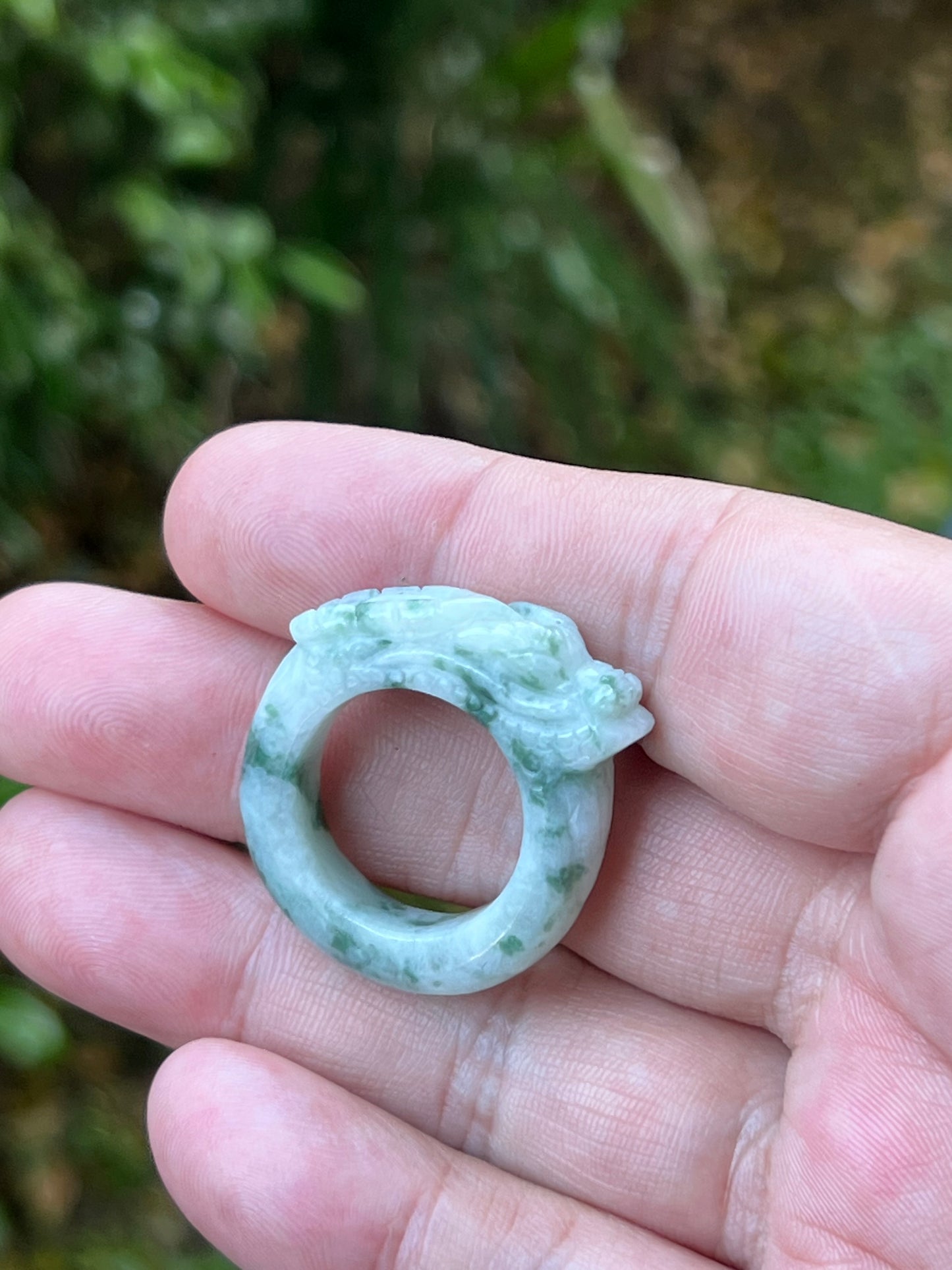 Natural Grade A Burmese Jadeite Jade Ring Size US 9.25 White Green Moss Snow Pattern Hand Carved Dragon Motif Smooth Band JDR013
