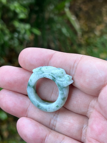 Natural Grade A Burmese Jadeite Jade Ring Size US 9.25 White Green Moss Snow Pattern Hand Carved Dragon Motif Smooth Band JDR013