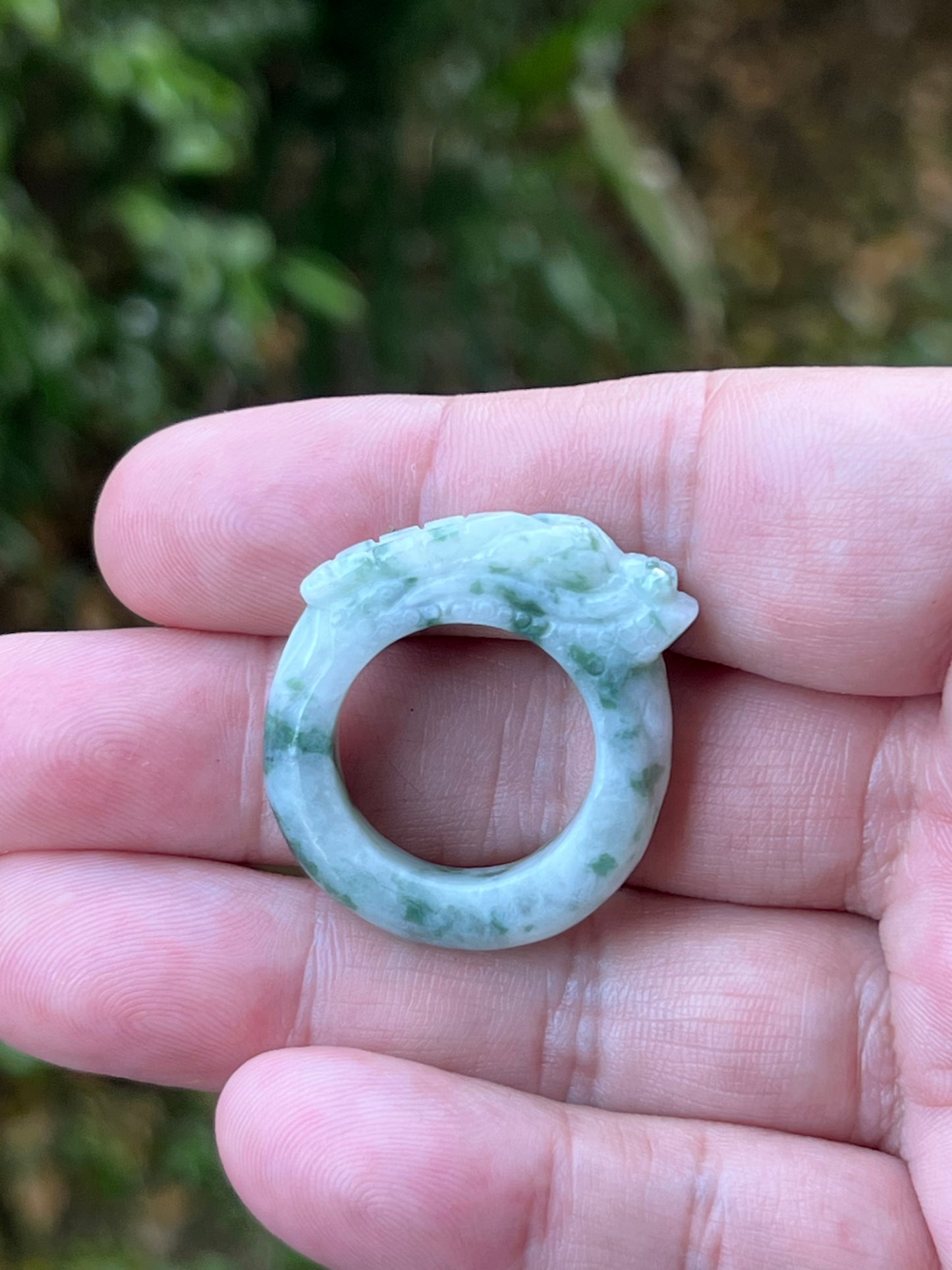 Natural Grade A Burmese Jadeite Jade Ring Size US 9.25 White Green Moss Snow Pattern Hand Carved Dragon Motif Smooth Band JDR013