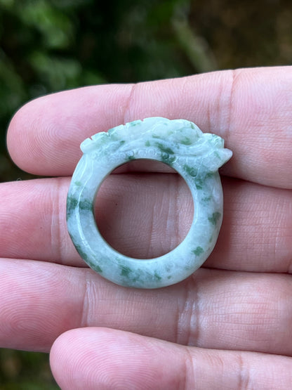 Natural Grade A Burmese Jadeite Jade Ring Size US 9.25 White Green Moss Snow Pattern Hand Carved Dragon Motif Smooth Band JDR013