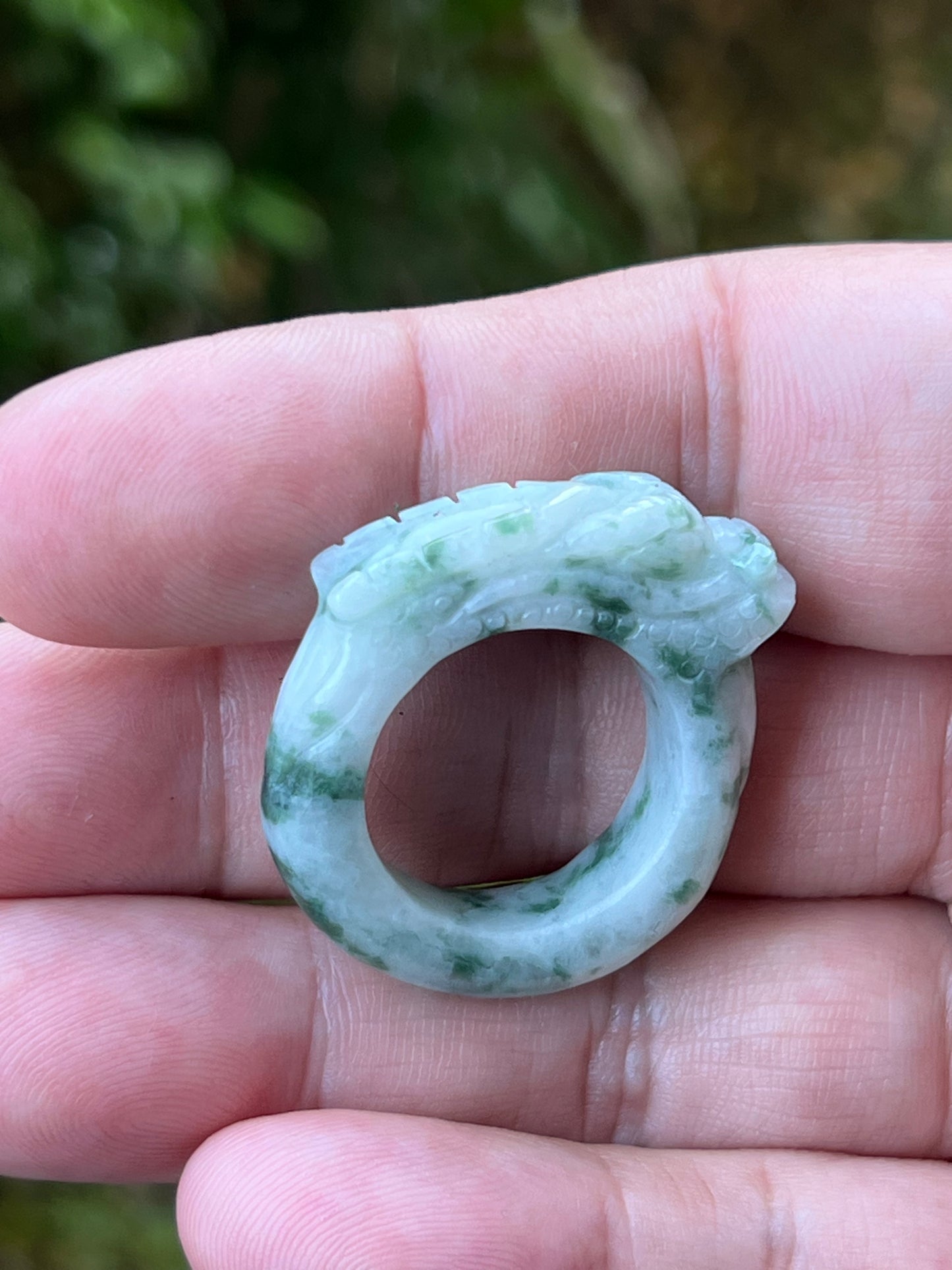 Natural Grade A Burmese Jadeite Jade Ring Size US 9.25 White Green Moss Snow Pattern Hand Carved Dragon Motif Smooth Band JDR013