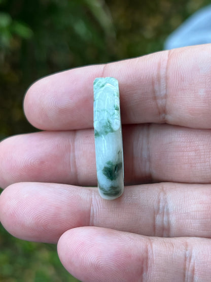 Natural Grade A Burmese Jadeite Jade Ring Size US 9.25 White Green Moss Snow Pattern Hand Carved Dragon Motif Smooth Band JDR013