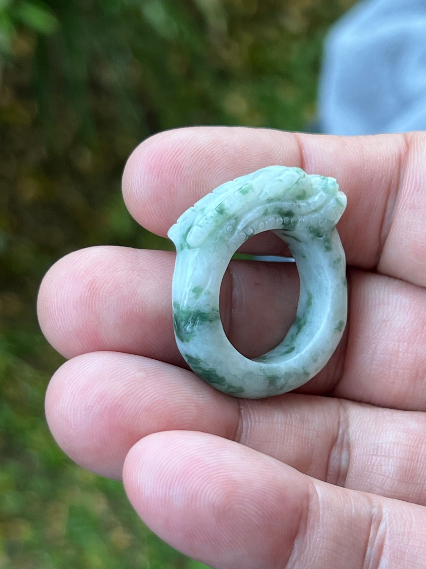 Natural Grade A Burmese Jadeite Jade Ring Size US 9.25 White Green Moss Snow Pattern Hand Carved Dragon Motif Smooth Band JDR013