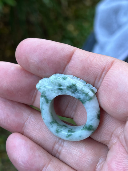 Natural Grade A Burmese Jadeite Jade Ring Size US 9.25 White Green Moss Snow Pattern Hand Carved Dragon Motif Smooth Band JDR013