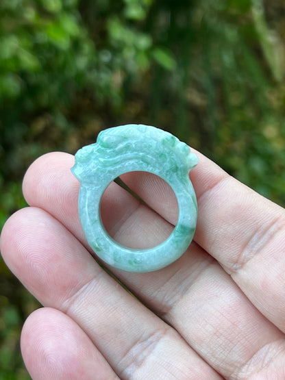 Natural Grade A Burmese Jadeite Jade Ring Size US 9.5 Icy Green White Dragon Carving Thick Band Hand Carved Jade Ring JDR014