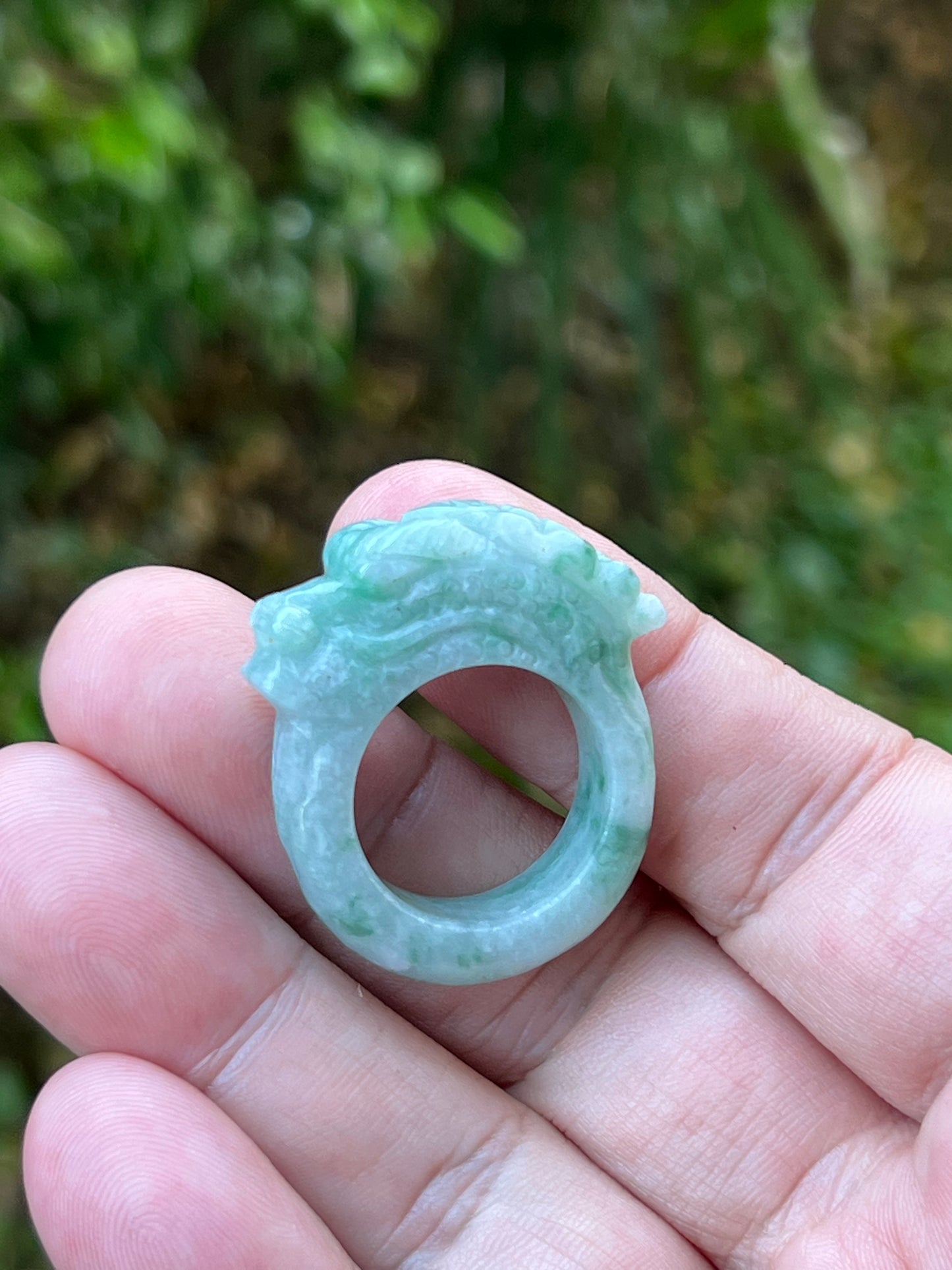 Natural Grade A Burmese Jadeite Jade Ring Size US 9.5 Icy Green White Dragon Carving Thick Band Hand Carved Jade Ring JDR014