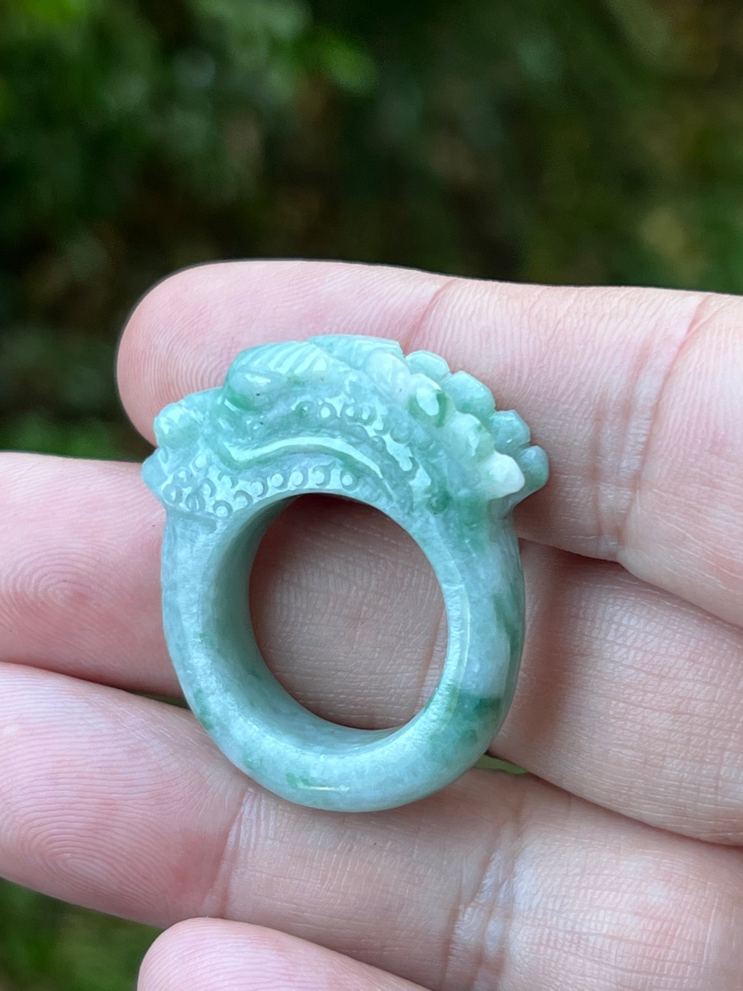 Natural Grade A Burmese Jadeite Jade Ring Size US 9.5 Icy Green White Dragon Carving Thick Band Hand Carved Jade Ring JDR014