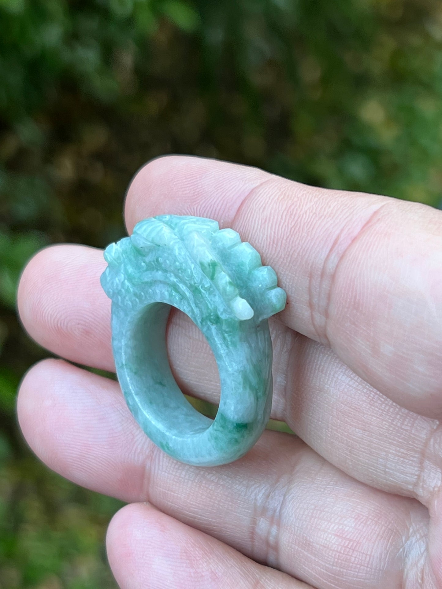 Natural Grade A Burmese Jadeite Jade Ring Size US 9.5 Icy Green White Dragon Carving Thick Band Hand Carved Jade Ring JDR014