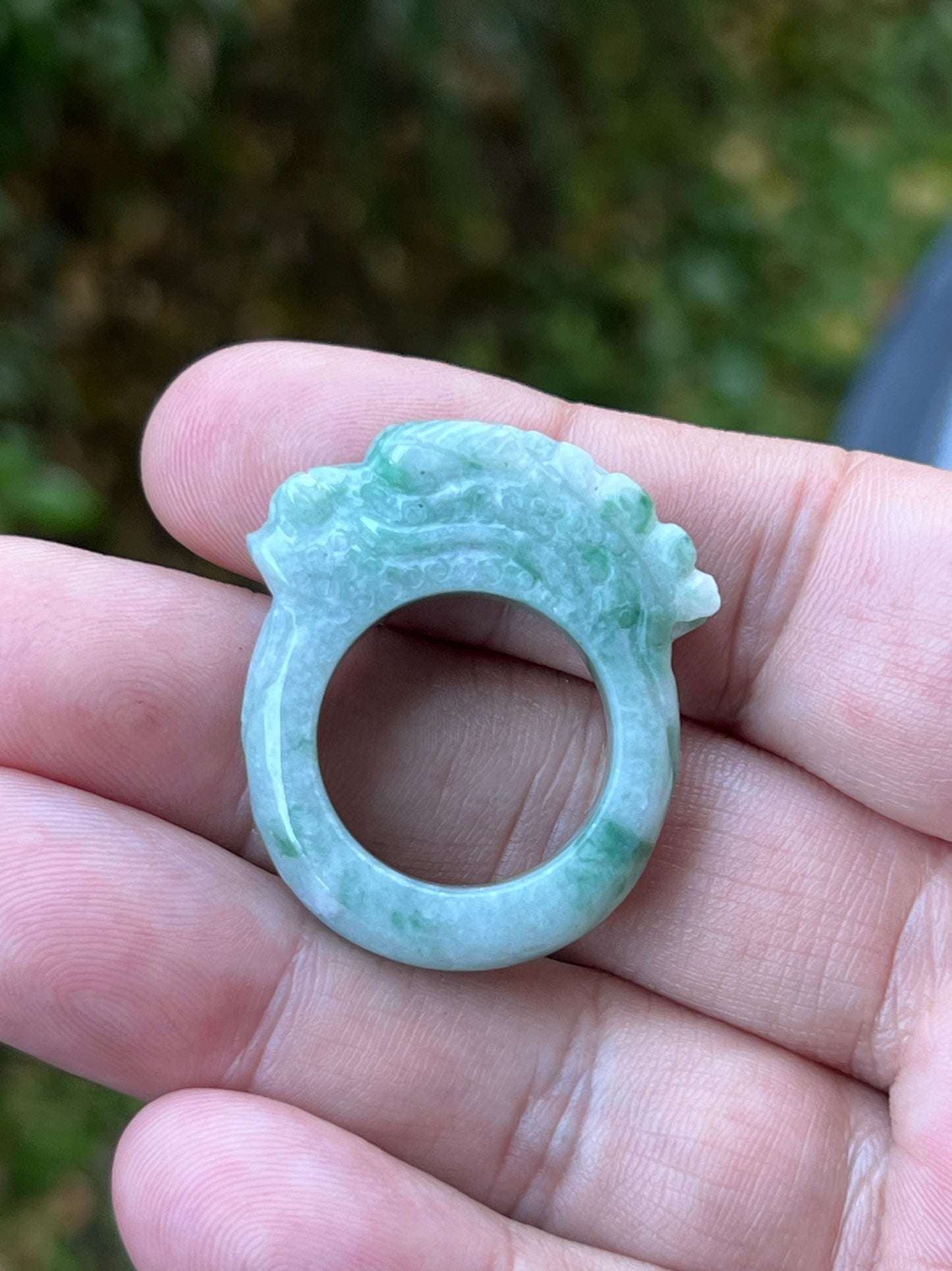 Natural Grade A Burmese Jadeite Jade Ring Size US 9.5 Icy Green White Dragon Carving Thick Band Hand Carved Jade Ring JDR014