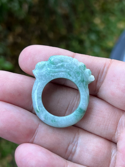 Natural Grade A Burmese Jadeite Jade Ring Size US 9.5 Icy Green White Dragon Carving Thick Band Hand Carved Jade Ring JDR014
