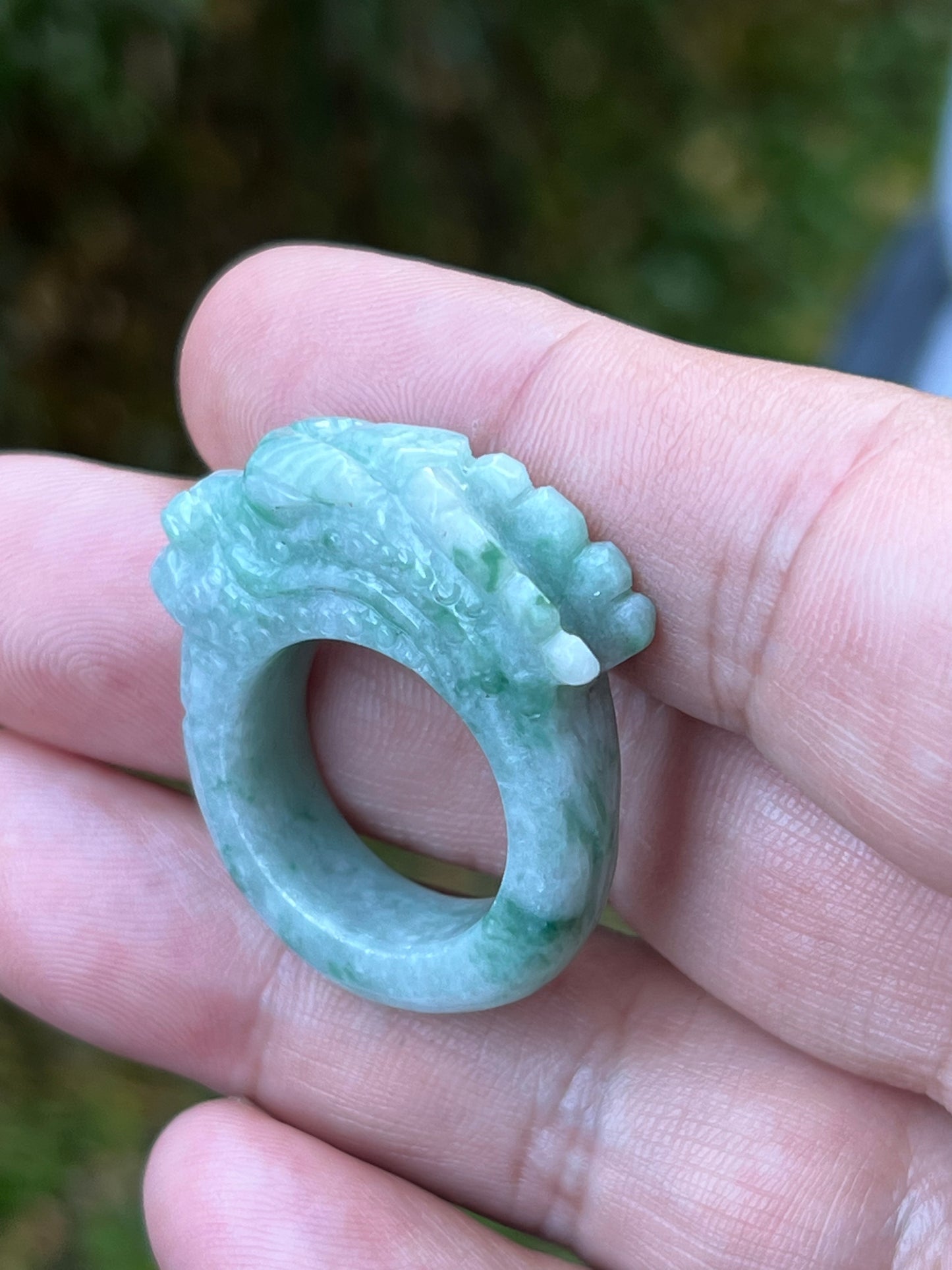 Natural Grade A Burmese Jadeite Jade Ring Size US 9.5 Icy Green White Dragon Carving Thick Band Hand Carved Jade Ring JDR014