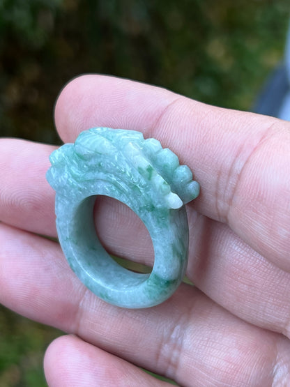 Natural Grade A Burmese Jadeite Jade Ring Size US 9.5 Icy Green White Dragon Carving Thick Band Hand Carved Jade Ring JDR014