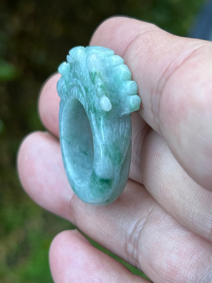 Natural Grade A Burmese Jadeite Jade Ring Size US 9.5 Icy Green White Dragon Carving Thick Band Hand Carved Jade Ring JDR014
