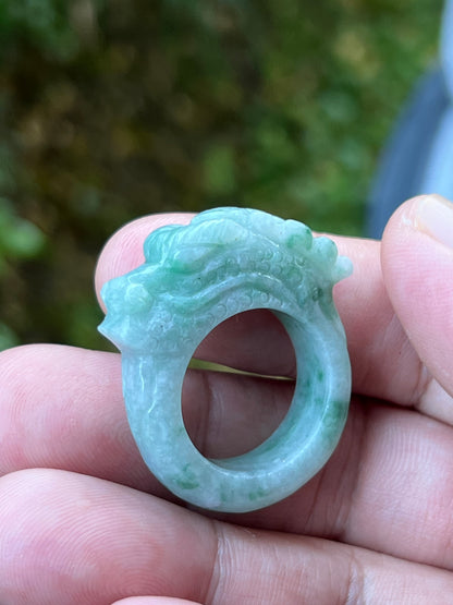 Natural Grade A Burmese Jadeite Jade Ring Size US 9.5 Icy Green White Dragon Carving Thick Band Hand Carved Jade Ring JDR014