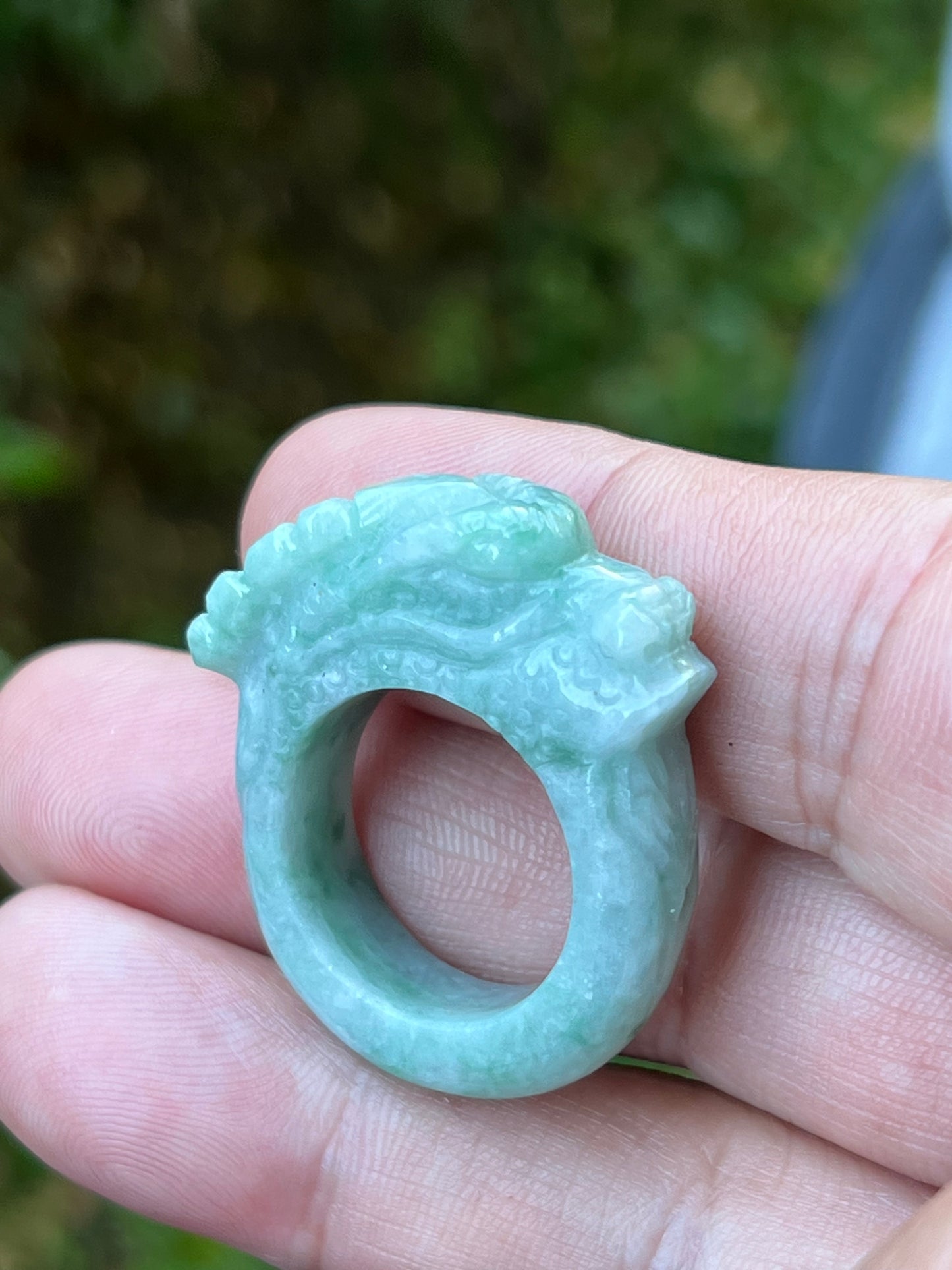 Natural Grade A Burmese Jadeite Jade Ring Size US 9.5 Icy Green White Dragon Carving Thick Band Hand Carved Jade Ring JDR014