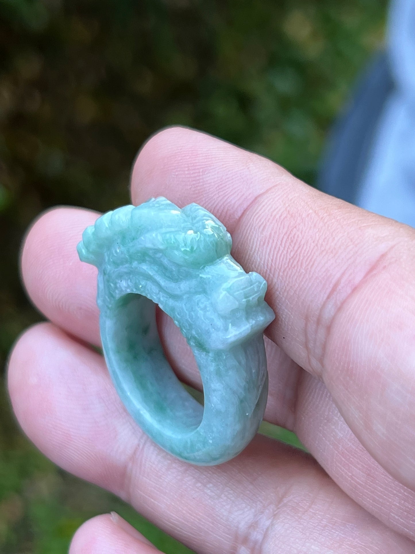 Natural Grade A Burmese Jadeite Jade Ring Size US 9.5 Icy Green White Dragon Carving Thick Band Hand Carved Jade Ring JDR014