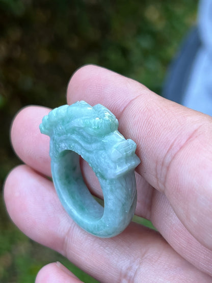 Natural Grade A Burmese Jadeite Jade Ring Size US 9.5 Icy Green White Dragon Carving Thick Band Hand Carved Jade Ring JDR014