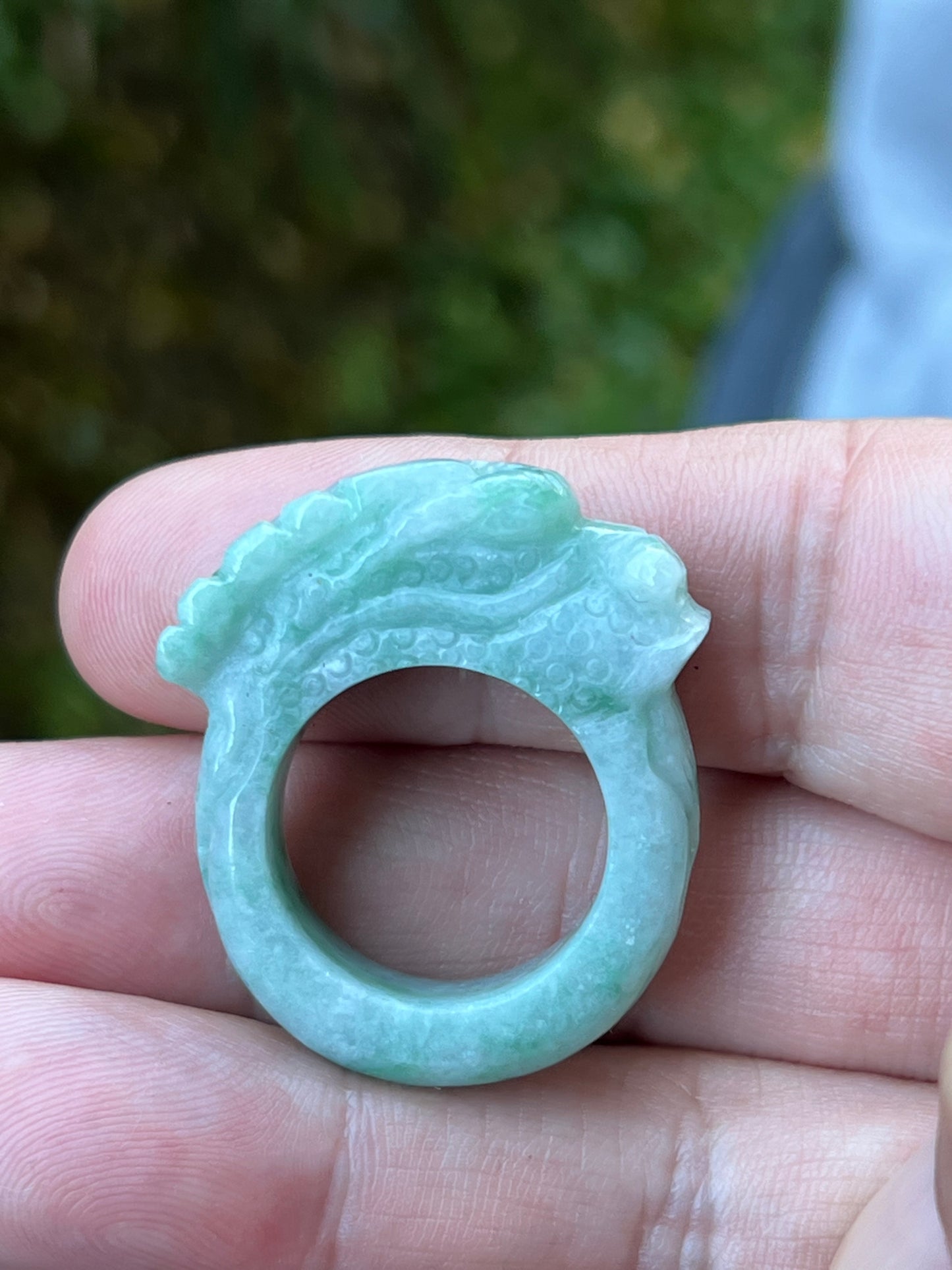 Natural Grade A Burmese Jadeite Jade Ring Size US 9.5 Icy Green White Dragon Carving Thick Band Hand Carved Jade Ring JDR014