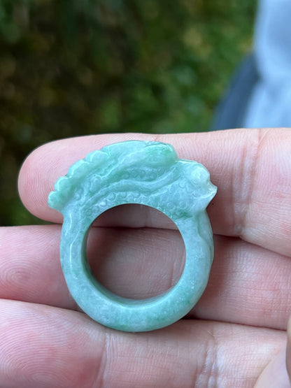 Natural Grade A Burmese Jadeite Jade Ring Size US 9.5 Icy Green White Dragon Carving Thick Band Hand Carved Jade Ring JDR014