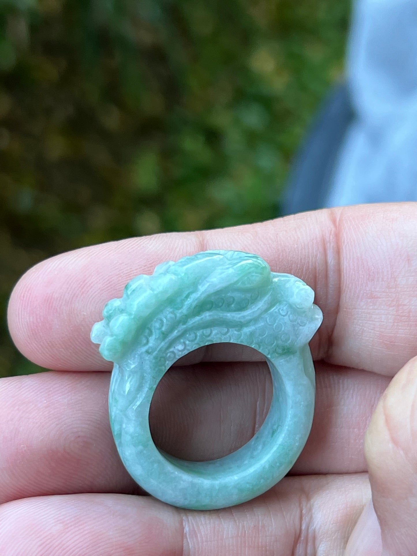 Natural Grade A Burmese Jadeite Jade Ring Size US 9.5 Icy Green White Dragon Carving Thick Band Hand Carved Jade Ring JDR014
