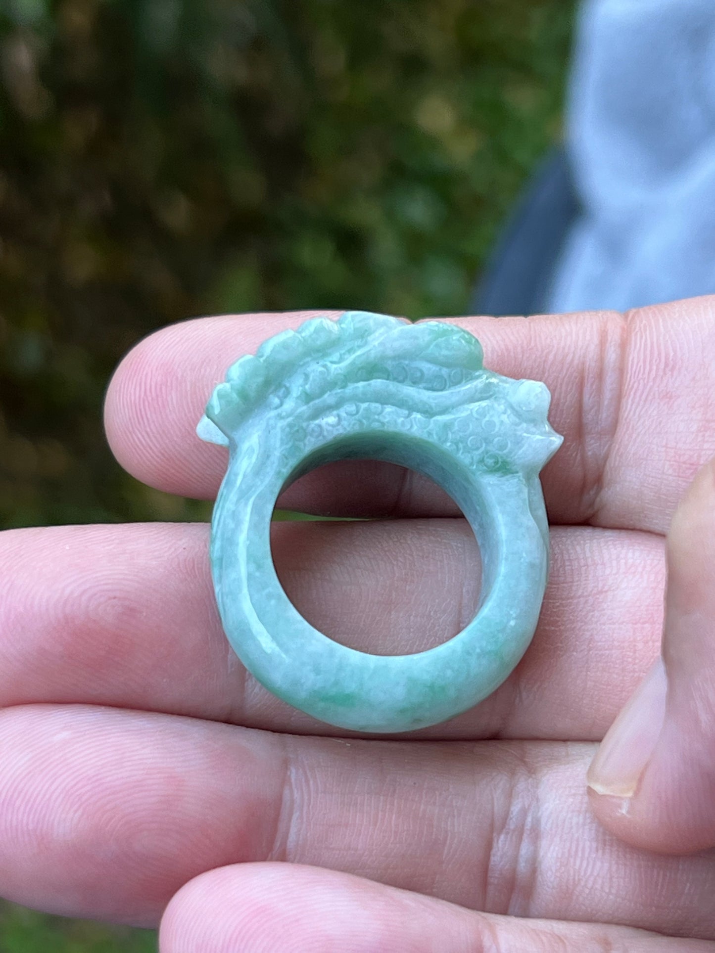 Natural Grade A Burmese Jadeite Jade Ring Size US 9.5 Icy Green White Dragon Carving Thick Band Hand Carved Jade Ring JDR014