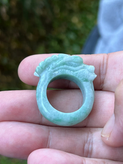 Natural Grade A Burmese Jadeite Jade Ring Size US 9.5 Icy Green White Dragon Carving Thick Band Hand Carved Jade Ring JDR014