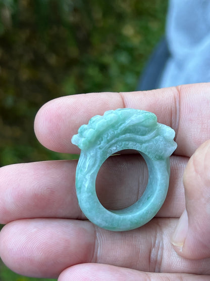 Natural Grade A Burmese Jadeite Jade Ring Size US 9.5 Icy Green White Dragon Carving Thick Band Hand Carved Jade Ring JDR014