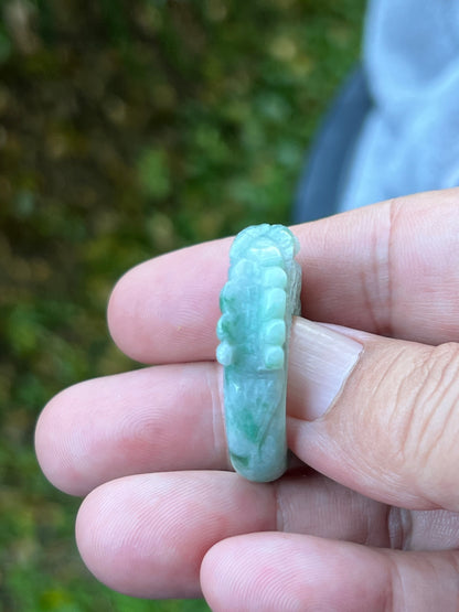 Natural Grade A Burmese Jadeite Jade Ring Size US 9.5 Icy Green White Dragon Carving Thick Band Hand Carved Jade Ring JDR014