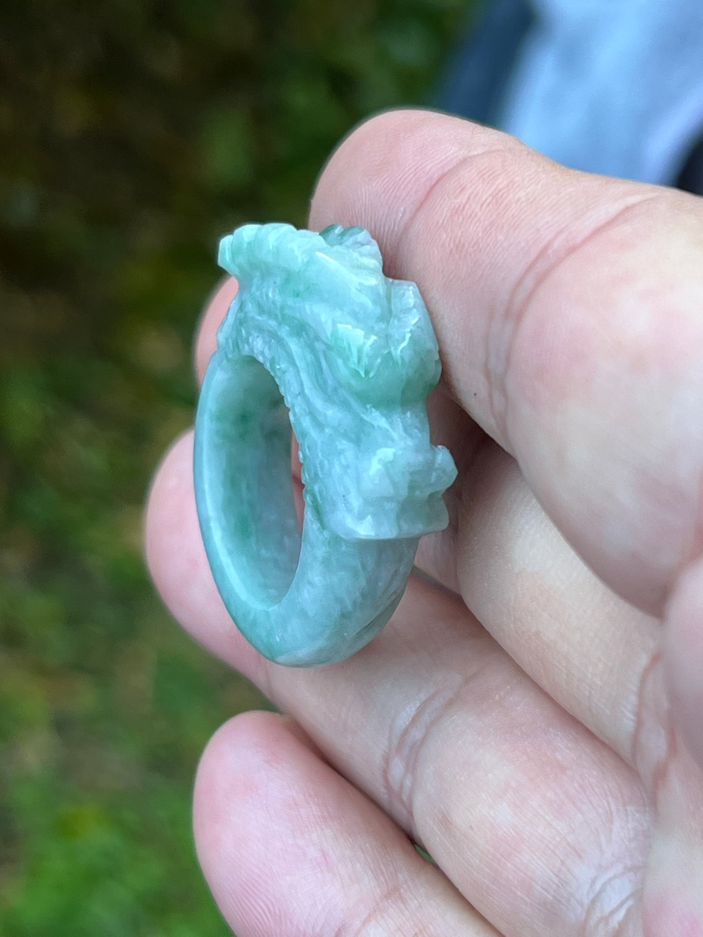 Natural Grade A Burmese Jadeite Jade Ring Size US 9.5 Icy Green White Dragon Carving Thick Band Hand Carved Jade Ring JDR014