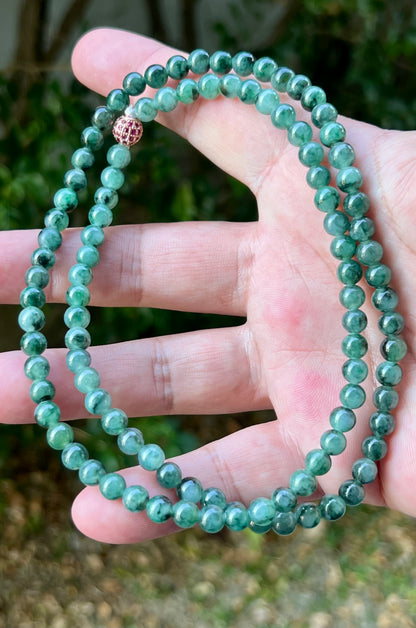 Natural Certified Grade A Burmese Jadeite Jade Beaded Necklace – Icy Imperial & Apple Green – 5.9mm Beads – JN076