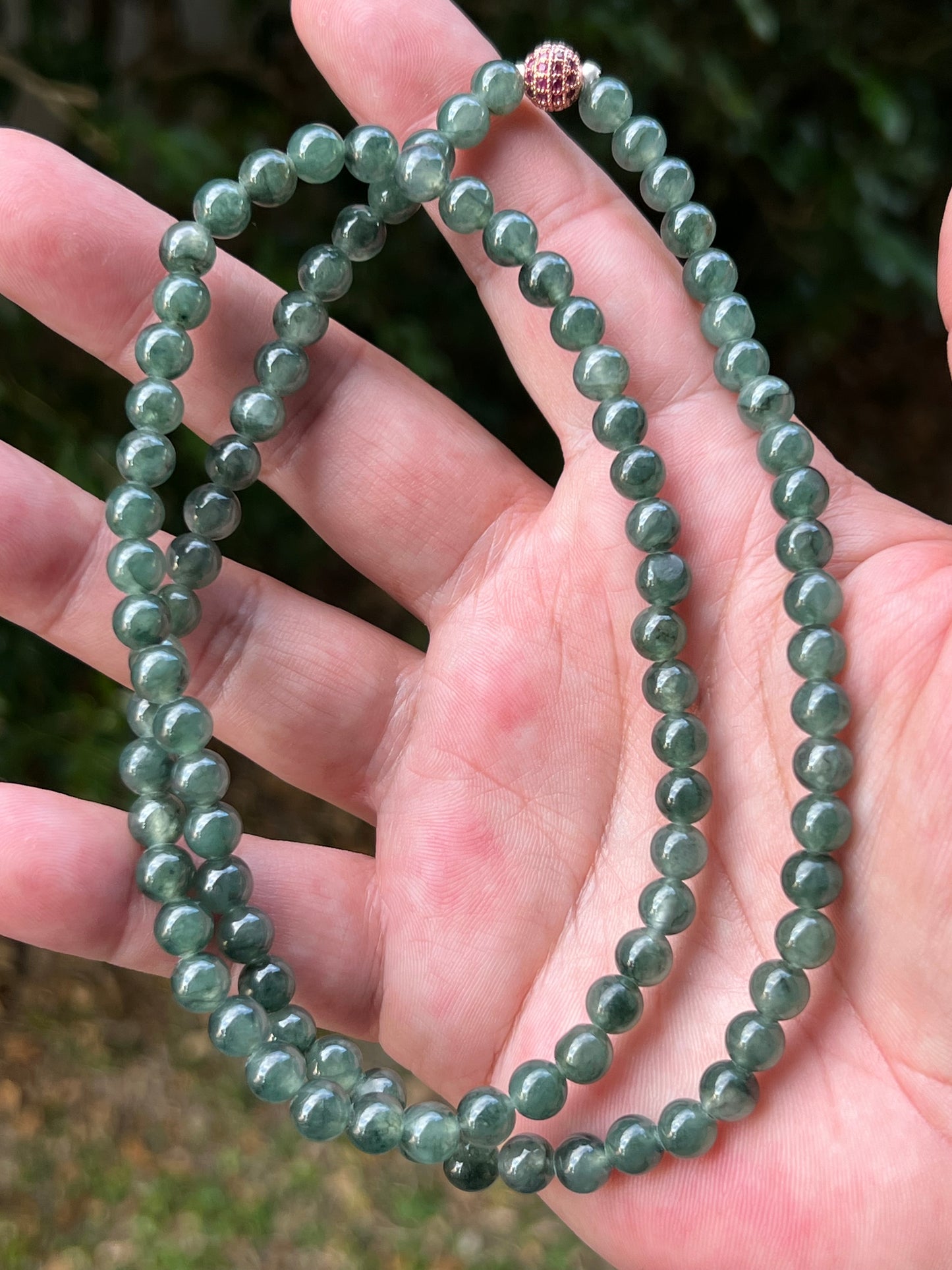 Natural Certified Grade A Burmese Jadeite Jade Beaded Necklace – Icy Imperial & Deep Emerald Green – 7.3mm Beads – JN092