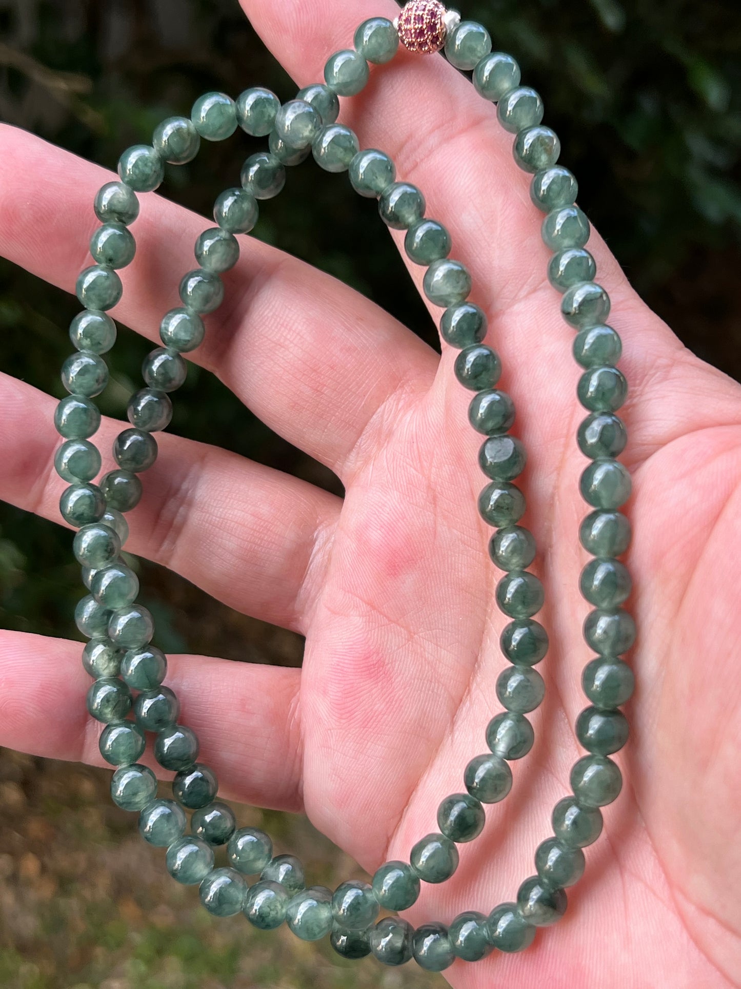 Natural Certified Grade A Burmese Jadeite Jade Beaded Necklace – Icy Imperial & Deep Emerald Green – 7.3mm Beads – JN092