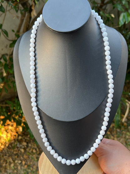 Natural Certified Grade A Burmese Jadeite Jade Beaded Necklace – Icy Milky White & Light Lavender Hues – 7.2mm Beads – JN090
