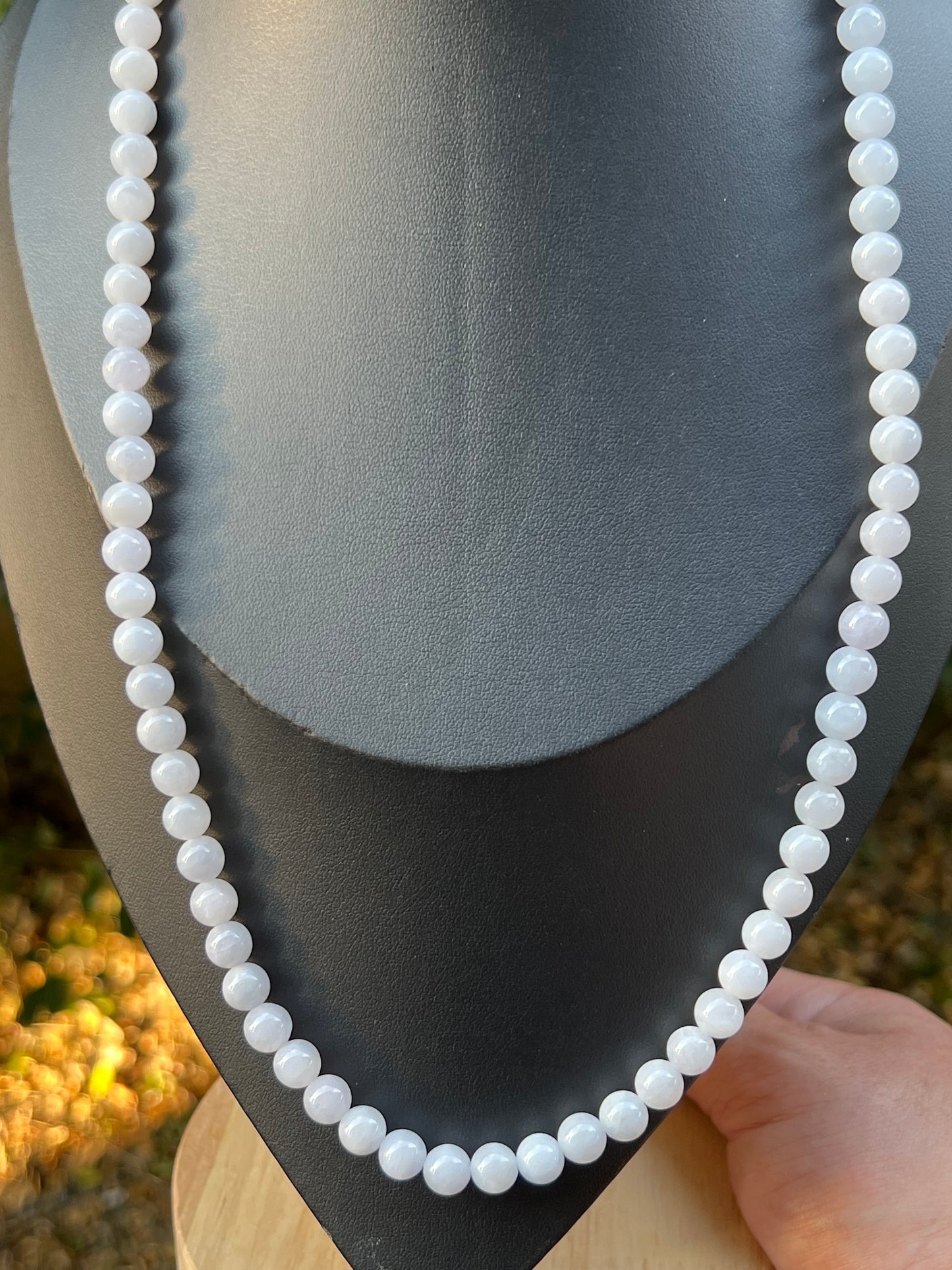 Natural Certified Grade A Burmese Jadeite Jade Beaded Necklace – Icy Milky White & Light Lavender Hues – 7.2mm Beads – JN090