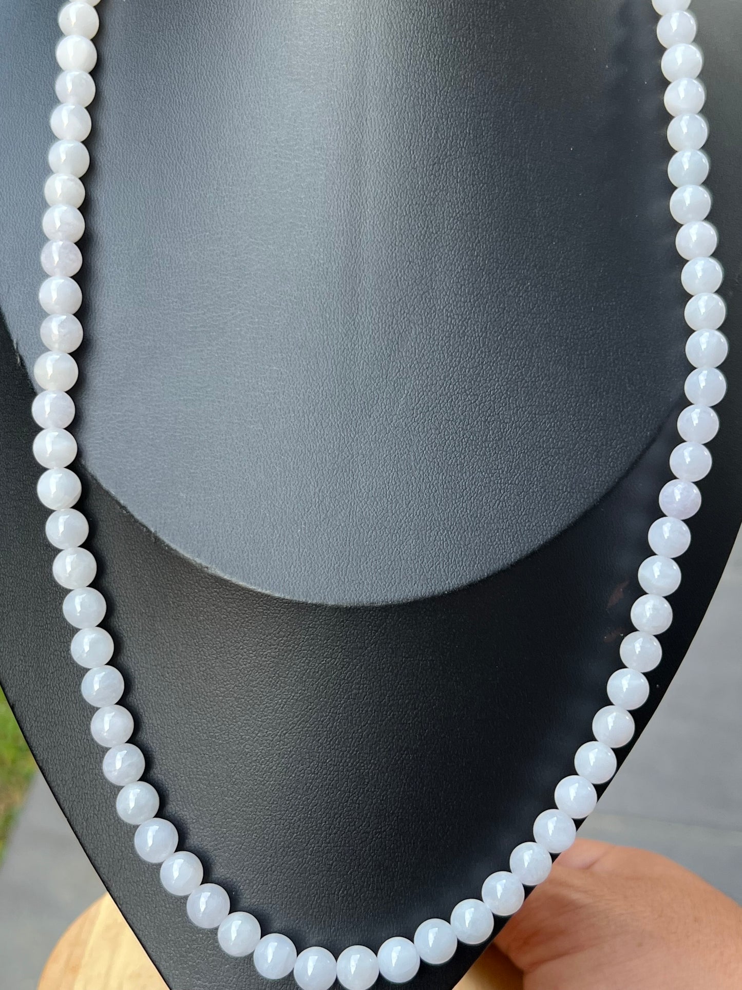 Natural Certified Grade A Burmese Jadeite Jade Beaded Necklace – Icy Milky White & Light Lavender Hues – 7.2mm Beads – JN090